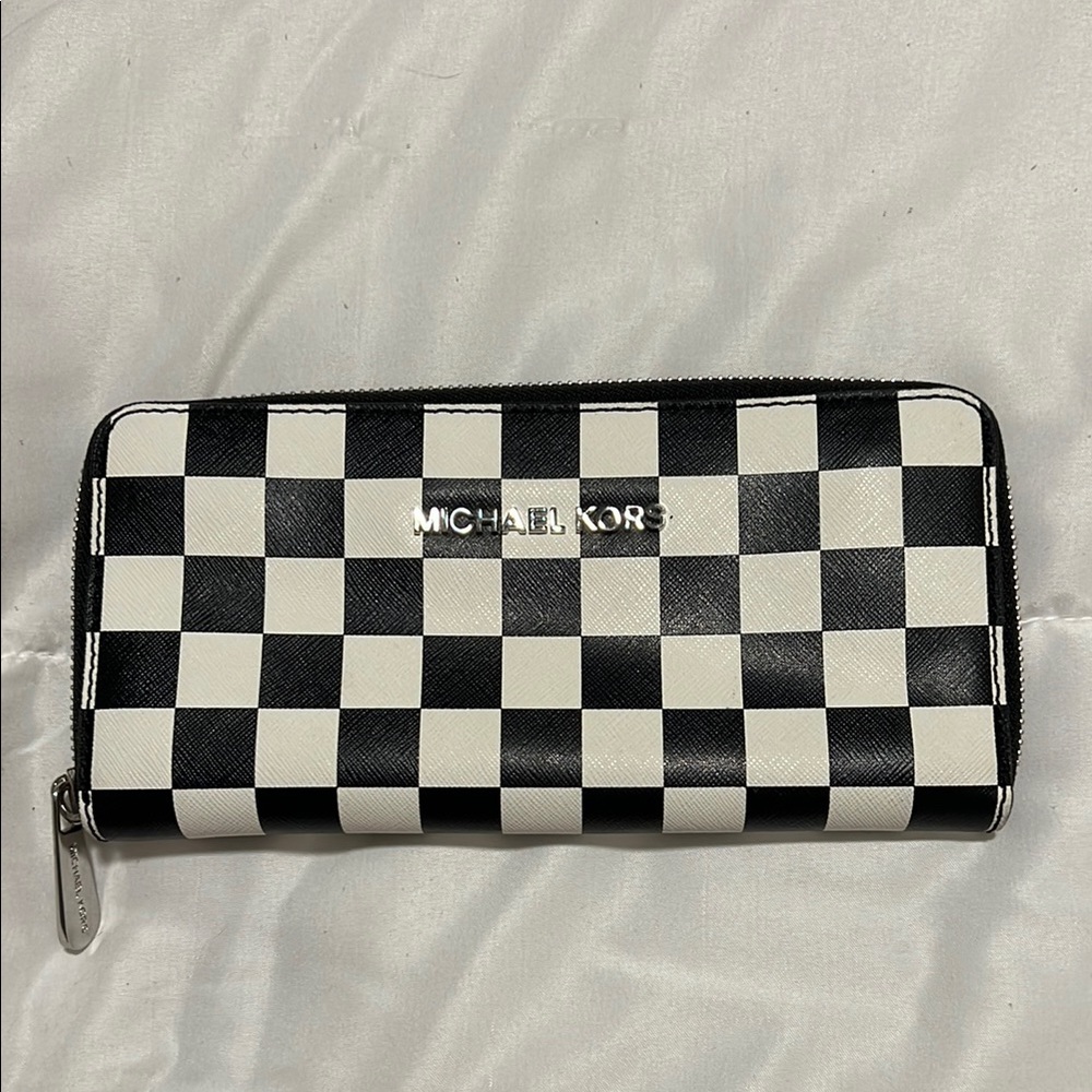 Michael Kors Black and White Checkered Continental Wallet